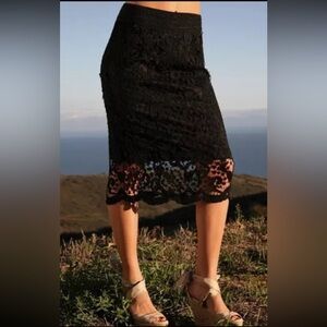 C-Mode S/M Black Lined Lace Crochet Knee Length Pencil Skirt Bohemian Boho